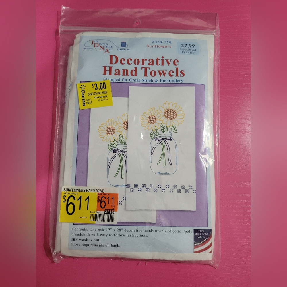 Jack Dempsey Hand Towels #320-716 Stamped For Cross Stitch & Embroidery Kit 0530